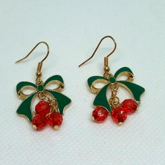 Unknown Jewelry - Elegant Green and Red Bow Drop Dangle Earlobe Earrings Festive